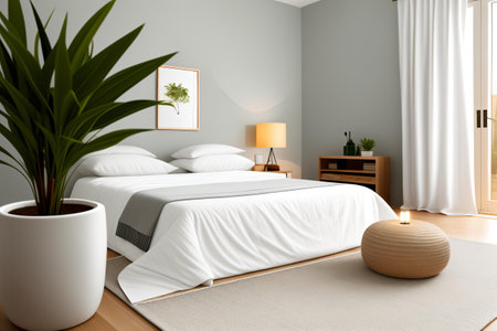 Interior of modern bedroom with gray walls, wooden floor, comfortable white master bed with white linen, round coffee table and plant. 3d renderの素材