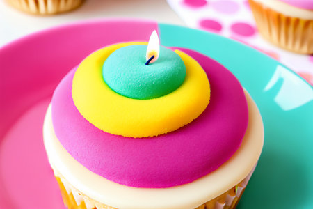 Birthday cupcakes with colorful icing and lit candle, closeupの素材
