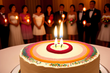 Birthday cake with burning candles in the background of a group of peopleの素材