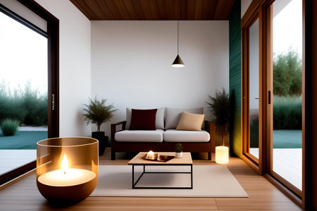 Interior of modern living room with white walls, wooden floor, comfortable sofa, coffee table and candles. 3d renderingの素材