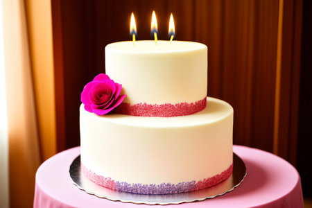 Wedding cake with roses on a pink tablecloth with candlesの素材