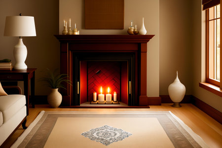 3D rendering of a living room with a fireplace and a carpetの素材