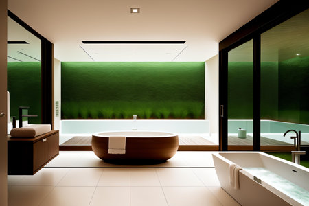 Interior of modern bathroom with green walls, tiled floor and bathtubの素材
