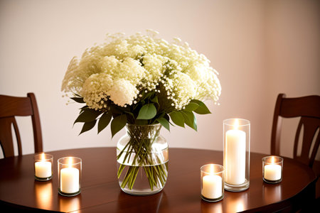 Bouquet of white hydrangea flowers in glass vase and burning candles on wooden tableの素材