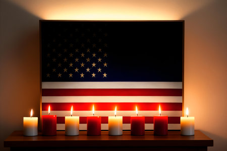 American flag with burning candles on wooden shelf. 3d illustration.の素材