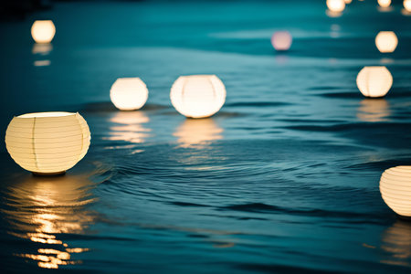 Paper lanterns floating on the water in the evening, Thailand.の素材
