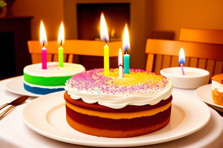 Birthday cake with candles on the table. Selective focus.の素材