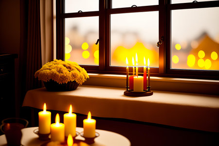 Burning candles on a window sill with flowers in a vaseの素材