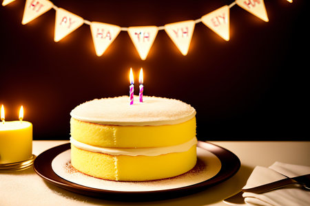 Birthday cake with candles on a black background. Selective focus.の素材