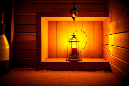 Lantern on a shelf in a room with wooden walls.の素材