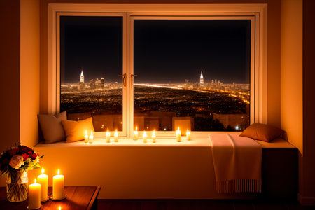 Hotel room with a view of the city at night. 3d renderingの素材