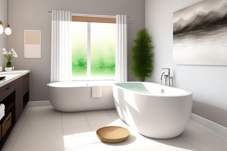 Bathroom interior with white bathtub and window, 3d renderの素材