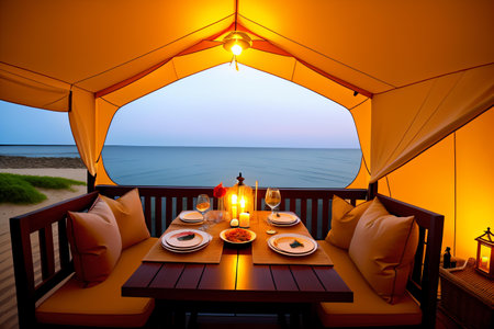 Restaurant on the beach with a tent and a sea viewの素材