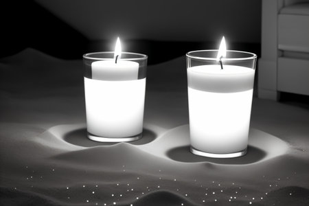 Two candles in the sand. Black and white image. 3D rendering.の素材