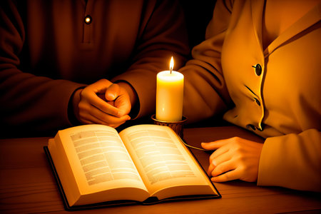 Young couple reading the holy bible and lighting a candle. Shallow depth of fieldの素材