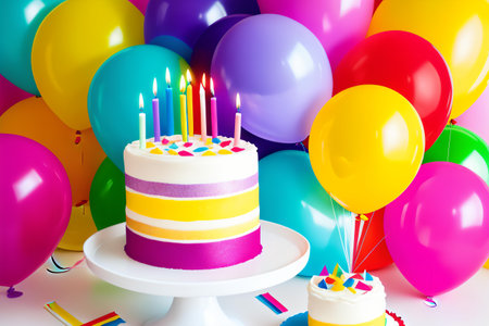 Birthday cake with candles and balloons on white background, closeupの素材