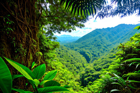 Beautiful view of green mountains and forest on a sunny day.の素材