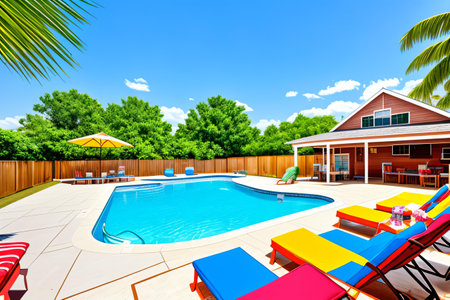 swimming pool with deck chairs and sun loungers in summerの素材