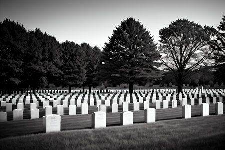 Black and white photo of the American military cemetery in Washington DC.の素材