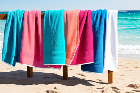 Colorful towels drying on the beach. Vacation and travel conceptの素材