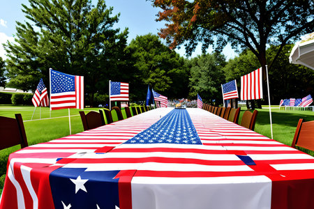 Patriotic table setting for July 4th celebration in Central Park, New York.の素材