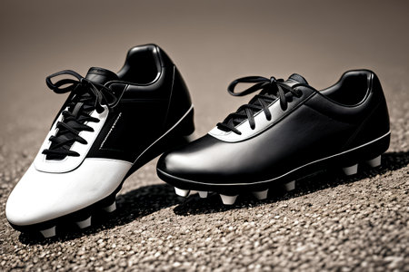 A pair of black and white mens leather shoes on the roadの素材