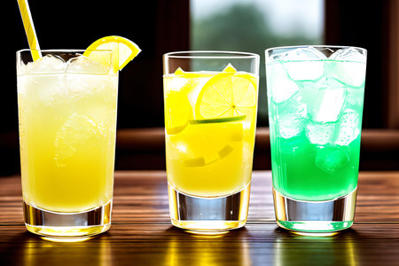 three glasses of cocktails with lime and ice on a wooden table in a barの素材