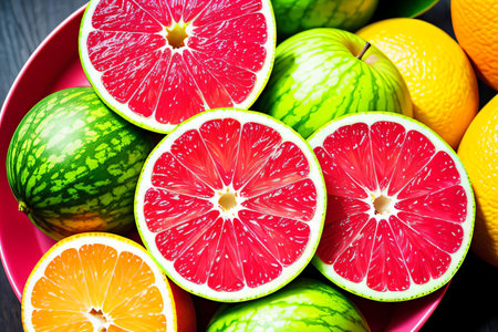 Colorful fruits on a wooden background. Orange, grapefruit, watermelonの素材