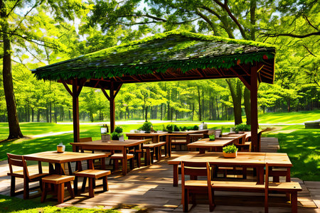 Outdoor restaurant in the green forest with tables, chairs and benchesの素材