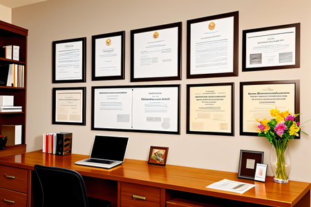 3D render of a modern office interior design with photo frames.の素材