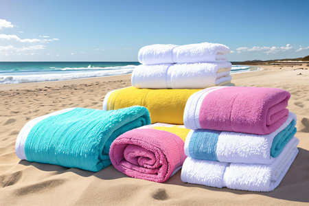 Towels on the beach at sunny day. summer vacation conceptの素材