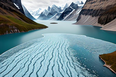 Fantasy landscape with lake and mountains in the background. 3d renderingの素材