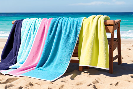 Colorful towels on the beach. Vacation and travel concept.の素材
