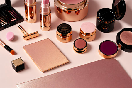 Makeup products and cosmetics on a pink background. Topview.の素材