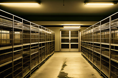 Interior of a server room with rows of racks for storing computersの素材
