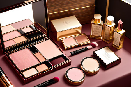 collection of make up and cosmetic beauty products arranged on pink background, 3d renderingの素材