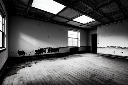 interior of an empty room with a large window in black and whiteの素材