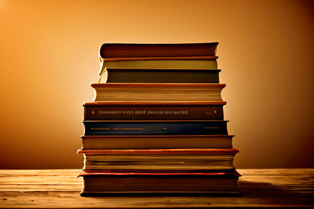 Stack of books on wooden table. Education background. Selective focus. Toned.の素材