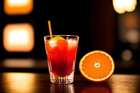 Cocktail with orange on a bar counter in a nightclub.の素材