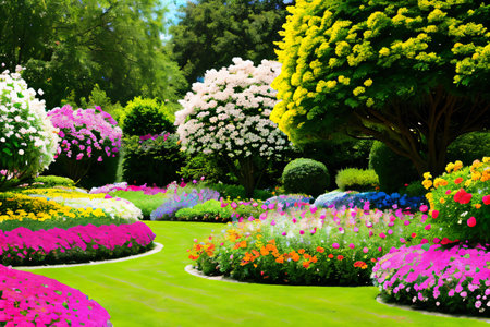 Colorful flowers in the garden with green grass and tree background.の素材