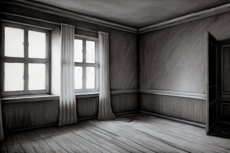 Empty room with window and curtains, 3D rendering. Computer digital drawing.の素材