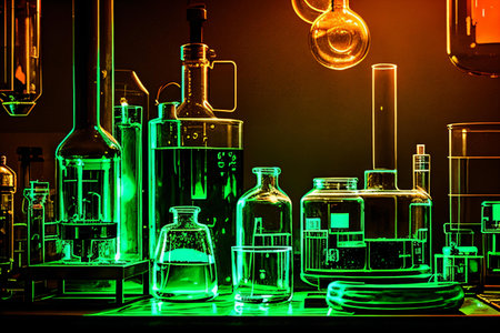 Laboratory glassware, science laboratory research and development concept background.の素材