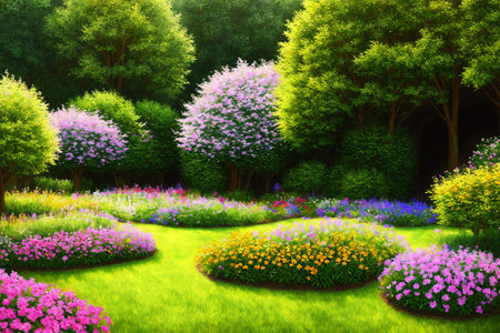 Flower garden with beautiful blooming flowers in the park. nature backgroundの素材