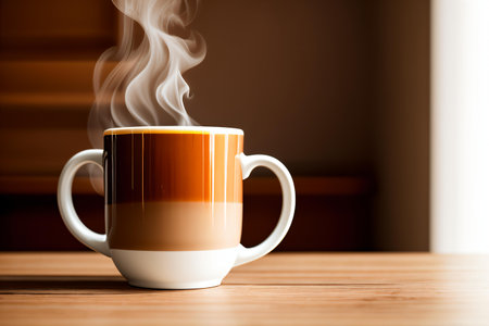 Coffee cup on the wooden table and blurred background with copy spaceの素材