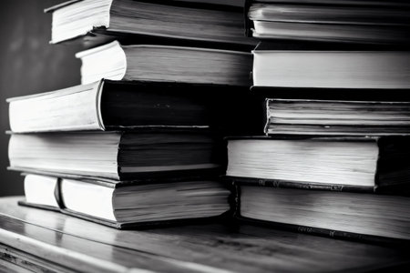 Stack of books on the table. Black and white. Selective focus.の素材