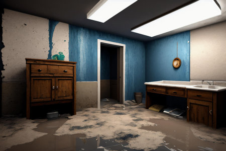 3d rendering of a bathroom in an old house with a blue wallの素材