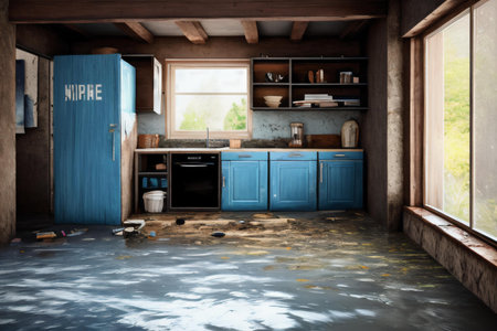 3d rendering of an old rustic kitchen in an abandoned houseの素材