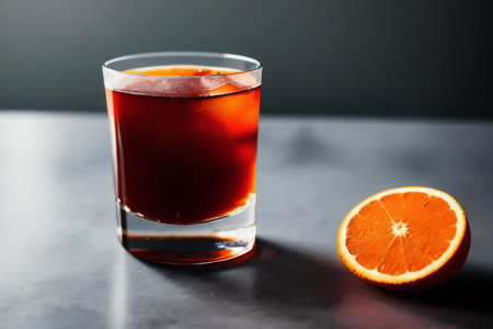 Cocktail with ice and slice of orange on a black backgroundの素材