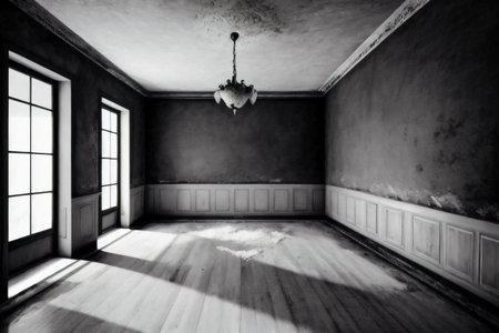 Abandoned room with big window and wooden floor. black and whiteの素材