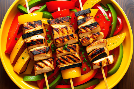 Grilled chicken kebab on skewers with vegetables, top viewの素材